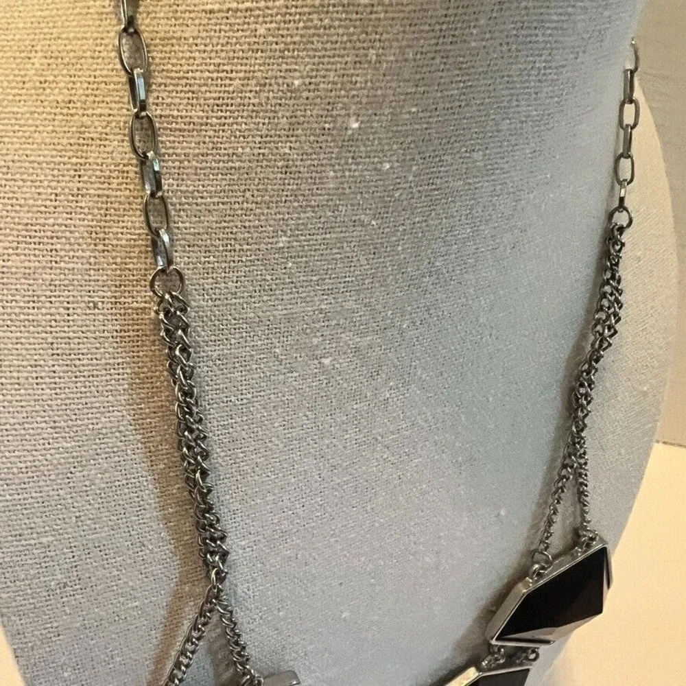 Chunky Black Geometric Statement Necklace Double Chain‎ Faceted Stones Edgy Glam